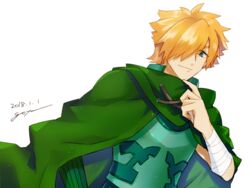  1boy adjusting_clothes armor bandaged_arm bandages cape cloak fate/extra fate/grand_order fate_(series) goya_(xalbino) green_eyes hair_over_one_eye looking_at_viewer male_focus orange_hair robin_hood_(fate) short_hair signature smile solo upper_body white_background 