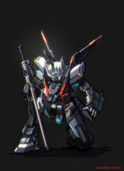  absurdres black_background blue_eyes character_name code_beast glowing glowing_eyes highres hundred_edge mecha no_humans on_one_knee open_hand robot science_fiction solo sukekiyo56 v-fin 