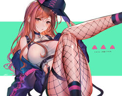  arisugawa_natsuha bare_shoulders blush breasts brown_hair cleavage female fishnet_pantyhose fishnets hanusu hat highres holding holding_clothes holding_hat idolmaster idolmaster_shiny_colors jacket knees_up large_breasts long_hair pantyhose skirt solo thigh_strap unworn_hat unworn_headwear 