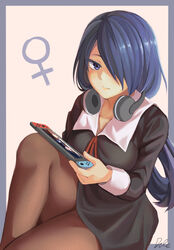  absurdres black_dress black_pantyhose blue_eyes blush breasts collarbone commentary dress dule_(anhaidule) female genderswap_(mtf) hair_over_one_eye handheld_game_console headphones headphones_around_neck highres holding holding_handheld_game_console ishigami_yuu kaguya-sama_wa_kokurasetai_~tensai-tachi_no_renai_zunousen~ large_breasts long_hair long_sleeves looking_at_viewer nintendo_switch pantyhose purple_hair red_ribbon ribbon rule_63 school_uniform shuuchiin_academy_school_uniform signature solo twintails venus_symbol 