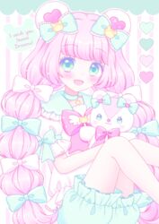  :d animal_ears bear_ears bear_hair_ornament blue_bow blue_choker blue_shorts blush bow choker commentary_request english_text feet_out_of_frame female green_eyes green_sailor_collar hair_ornament hairbow heart highres himetsuki_luna knees_up long_hair open_mouth original pink_hair puffy_short_sleeves puffy_shorts puffy_sleeves sailor_collar shirt short_shorts short_sleeves shorts smile solo stuffed_animal stuffed_toy symbol-shaped_pupils teddy_bear twintails very_long_hair white_bow white_shirt 