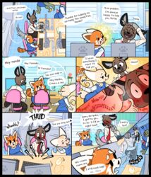  2022 aggretsuko ailurid anthro biped black_border blush border brown_body canid canine common_hippopotamus detailed_background dialogue english_text female fennec_fox fenneko fox haida_(aggretsuko) hi_res hippopotamid hyena kabae kaboozey komodo_dragon lizard male mammal monitor_lizard orange_body red_panda reptile retsuko sanrio scalie smile sound_effects speech_bubble spotted_hyena text true_fox tsubone_(aggretsuko) whispering 