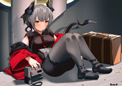  arknights artist_name bare_shoulders black_dress black_footwear blush breasts dragon_girl dragon_horns dragon_tail dress ert_raitsui female full_body fur-trimmed_dress fur_trim grey_hair grey_pantyhose highres horns jacket liskarm_(arknights) liskarm_(spring_vouivre)_(arknights) long_sleeves looking_at_viewer lying medium_breasts official_alternate_costume on_back open_clothes open_jacket orange_eyes pantyhose parted_lips red_jacket short_hair short_ponytail solo suitcase tail v-shaped_eyebrows 