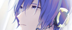  1boy blue_eyes blue_hair close-up commentary headphones headset kaito_(vocaloid) looking_away male_focus nokuhashi parted_lips portrait vocaloid 