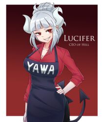  apron clothing female hair hair_bun hand_on_hip helltaker hi_res horn humanoid keicyanyan lucifer_(helltaker) not_furry red_clothing red_eyes red_shirt red_topwear shirt smile smirk solo spade_tail tail text text_on_apron text_on_clothing topwear white_hair 