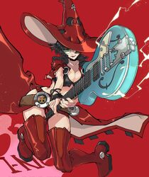  black_gloves black_hair breasts character_name cleavage commentary_request crop_top electric_guitar female fingerless_gloves found_modori full_body glasses gloves green-tinted_eyewear guilty_gear guilty_gear_strive guitar hat highres i-no instrument large_breasts midriff_peek mole mole_above_mouth red_background red_legwear short_hair solo sunglasses thighs tinted_eyewear witch_hat 