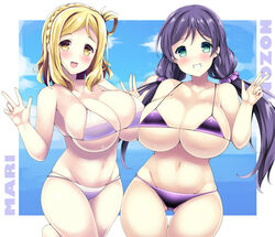  2girls akikaze_tsumuji ass_visible_through_thighs bikini blonde_hair braid breasts brown_eyes character_name cleavage commentary_request green_eyes grin groin in-franchise_crossover large_breasts long_hair looking_at_viewer love_live! love_live!_school_idol_project love_live!_sunshine!! midriff multiple_girls navel ohara_mari purple_bikini purple_hair short_hair smile swimsuit thighs tojo_nozomi twintails 