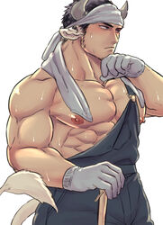  1boy abs animal_ears bara bare_pectorals blush bulge chinese_zodiac cow_boy cow_ears cow_tail cowboy_shot facial_hair gloves highres large_pectorals looking_to_the_side male_focus mature_male muscular muscular_male nipple_slip nipples original overalls pectorals short_hair sideburns solo stubble suspenders sweat tail towel towel_around_neck year_of_the_ox yomotsuki_road 