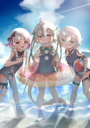  3girls absurdres arm_belt backlighting ball bandaged_arm bandages beach beachball black_bow blue_one-piece_swimsuit blue_sky blush bow braid breasts capelet fate/apocrypha fate/extra fate/grand_order fate_(series) fur-trimmed_capelet fur_trim green_bow green_eyes green_ribbons grey_hair headpiece highres innertube jack_the_ripper_(fate/apocrypha) jack_the_ripper_(summer_little)_(fate) jeanne_d&#039;arc_alter_santa_lily_(fate) jeanne_d&#039;arc_alter_santa_lily_(summer_little)_(fate) legs light_rays long_hair looking_at_viewer multiple_girls nursery_rhyme_(fate) nursery_rhyme_(summer_little)_(fate) ocean one-piece_swimsuit open_mouth outdoors ribbon school_swimsuit short_hair shoulder_tattoo sky small_breasts smile striped striped_bow striped_ribbon swim_ring swimsuit tattoo twin_braids wading water white_capelet white_hair yougiri_mea 