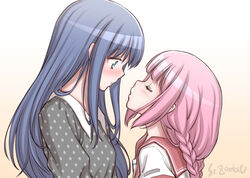  2girls artist_name blue_eyes blue_hair blush closed_eyes commentary_request gradient_background grey_shirt imminent_kiss kamihama_university_affiliated_school_uniform long_hair looking_at_another magia_record:_mahou_shoujo_madoka_magica_gaiden mahou_shoujo_madoka_magica multiple_girls nanami_yachiyo pink_hair polka_dot polka_dot_shirt red_sailor_collar sailor_collar school_uniform shirt short_hair studiozombie tamaki_iroha yellow_background yuri 