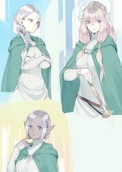  3girls blonde_hair bob_cut braid breasts cloak commentary_request crossed_arms dark_skin dress dungeon_meshi elf fakepucco finger_to_cheek gorget grey_eyes grey_hair hair_over_shoulder highres hood hood_down hooded_cloak long_hair looking_at_viewer looking_away medium_breasts milsiril_(dungeon_meshi) multiple_girls notched_ear pale_skin partial_commentary pointy_ears purple_eyes scar scar_on_cheek scar_on_face short_hair sidelocks single_braid sita_(dungeon_meshi) smile sword uniform weapon white_hair yugin_(dungeon_meshi) 