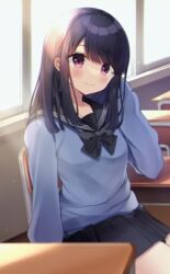  bad_id bad_pixiv_id black_bow black_hair black_sailor_collar black_skirt blue_shirt blurry blurry_foreground blush bow chair classroom closed_mouth commentary_request depth_of_field desk female hand_up highres indoors long_hair long_sleeves looking_at_viewer minami_saki on_chair original pleated_skirt purple_eyes sailor_collar school_chair school_desk school_uniform serafuku shirt sitting skirt smile solo window 