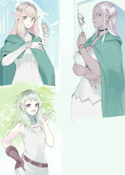  1other 3girls belt blonde_hair blue_eyes blunt_bangs bracelet braid breasts choker cithis cloak commentary_request dark_elf dark_skin dress dungeon_meshi elf extra facial_mark fairy fairy_(dungeon_meshi) fakepucco fleki flipped_hair forehead_mark gloves green_eyes green_hair highres holding holding_wand hood hood_down hooded_cloak jewelry large_breasts long_hair long_sleeves looking_at_viewer multiple_girls notched_ear partial_commentary pattadol pointy_ears red_eyes single_glove sleeveless sleeveless_dress small_breasts smile smirk w wand white_hair 