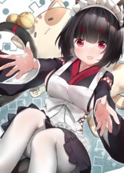  :d absurdres animal_ears apron azur_lane bell black_hair blunt_bangs cat_ears cat_tail commentary_request cotton_kanzaki fangs feline female highres jingle_bell light_blush long_sleeves looking_at_viewer maid_headdress mismatched_eyebrows outstretched_arms pantyhose red_eyes short_hair sideless_kimono skin_fangs smile solo tail tail_bell tail_ornament white_apron white_pantyhose wide_sleeves yamashiro_(azur_lane) yamashiro_(sales_clerk_offensive?!)_(azur_lane) 