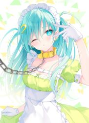  ;o apron aqua_eyes aqua_hair arm_up bangs banned_artist blush breasts bright_pupils buckle chains cleavage collar collarbone cowboy_shot dress earrings eyebrows_visible_through_hair female frilled_apron frills gloves green_dress hair_between_eyes head_tilt highres jewelry leash long_hair looking_at_viewer maid_headdress medium_breasts multicolored multicolored_background number number_hair_ornament one_eye_closed original parted_lips puffy_short_sleeves puffy_sleeves rurudo short_sleeves solo star-shaped_pupils star_(symbol) symbol-shaped_pupils triangle two_side_up v_over_eye white_apron white_gloves 