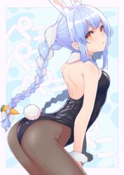  animal_ear_fluff animal_ears ass back bare_shoulders black_leotard black_pantyhose blue_hair blush braid breasts carrot carrot_hair_ornament commentary detached_collar female food-themed_hair_ornament fur_cuffs goten_(510gensoku) hair_ornament highres hololive leotard long_hair looking_at_viewer multicolored_hair pantyhose playboy_bunny rabbit-shaped_pupils rabbit_ears rabbit_girl rabbit_tail red_eyes shoulder_blades small_breasts solo symbol-shaped_pupils tail thick_eyebrows twin_braids two-tone_hair usada_pekora usada_pekora_(1st_costume) virtual_youtuber white_hair 