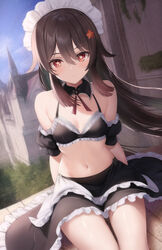  ai-generated alternate_costume apron bare_shoulders black_bra black_skirt blush bra breasts brown_hair castle cleavage female frilled_bra frilled_skirt frills genshin_impact highres hu_tao_(genshin_impact) long_hair looking_at_viewer maid maid_apron maid_headdress midriff navel red_eyes sitting skirt sky small_breasts smile solo stomach symbol-shaped_pupils takenoko_pengin thighs twintails underwear 