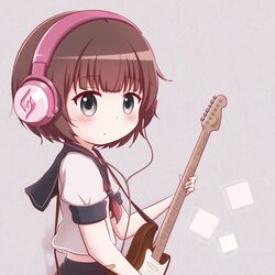  bandaid bandaid_on_arm bemani black_sailor_collar black_skirt blush brown_hair commentary_request electric_guitar female goth_risuto grey_background grey_eyes guitar headphones holding holding_instrument instrument kino_anzu midriff neckerchief puffy_short_sleeves puffy_sleeves red_neckerchief sailor_collar school_uniform serafuku shirt short_hair short_sleeves skirt solo sound_voltex white_shirt 