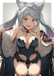  animal_ears bare_shoulders black_leotard blush border braid braided_bangs breasts cleavage collarbone erune female fraux granblue_fantasy grey_background hinami_(hinatamizu) hooded_robe leaning_forward leotard long_hair long_sleeves looking_at_viewer medium_breasts open_clothes open_mouth open_robe revision robe smile swept_bangs thigh_gap thighhighs thighs twintails white_border white_hair yellow_eyes 