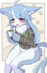  2023 5_fingers absurd_res ahoge anthro beverage blue_body blue_fur blue_hair blush bodily_fluids bottomless bottomless_anthro bottomless_male camo camo_clothing camo_print cheek_tuft clothed clothing coffee coffee_cup container countershading cup digital_media_(artwork) domestic_cat facial_tuft felid feline felis femboy fingers fluffy footprint forked_tail fur hair heterochromia hi_res holding_beverage holding_container holding_cup holding_object inner_ear_fluff jacket japan_air_self-defense_force kemono konazarame long_hair looking_at_viewer male male_anthro mammal multicolored_body multicolored_fur multicolored_hair neck_tuft omaneko_(jasdf) open_mouth pattern_clothing pawpads pawprint pupils red_eyes sitting slit_pupils solo sweat sweatdrop tail tongue tongue_out topwear tuft two_tone_body two_tone_fur two_tone_hair unusual_anatomy unusual_tail whiskers white_body white_fur white_hair yellow_eyes 