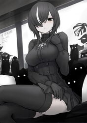  black_eyes black_gloves black_thighhighs blush breasts female gloves greyscale hair_over_one_eye highres jewelry looking_at_viewer medium_breasts mihato_senba mole mole_on_thigh mole_under_eye monochrome multicolored_hair original pendant pleated_skirt short_hair_with_long_locks sitting skirt solo streaked_hair thighhighs 