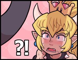  !? ayyk92 bare_shoulders black_dress blonde_hair blue_eyes blush bowsette collar collarbone constricted_pupils crown dress female hair_between_eyes horns mario_(series) nervous_sweating new_super_mario_bros._u_deluxe oerba_yun_fang off-shoulder_dress off_shoulder open_mouth pink_background pointy_ears scared sexually_suggestive sparkle_background spiked_collar spikes super_crown super_mario_bros._wonder sweat worried 