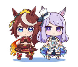  2girls animal_ears blue_eyes blue_legwear blush boots brown_footwear brown_hair chibi closed_mouth clothing_cutout colored_shadow commentary_request crop_top hair_between_eyes hat horse_ears horse_girl horse_tail jacket long_hair looking_at_viewer mejiro_mcqueen_(end_of_sky)_(umamusume) mejiro_mcqueen_(umamusume) mini_hat mini_top_hat multicolored_hair multiple_girls nozo_(hitomiz) official_alternate_costume ponytail puffy_short_sleeves puffy_sleeves purple_eyes purple_hair red_shirt red_skirt shadow shirt short_sleeves shorts shoulder_cutout skirt smile standing streaked_hair tail tilted_headwear tokai_teio_(beyond_the_horizon)_(umamusume) tokai_teio_(umamusume) top_hat umamusume v-shaped_eyebrows very_long_hair white_background white_footwear white_hair white_headwear white_jacket white_shirt white_shorts 