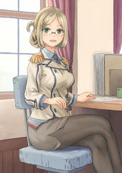  buttons chair collared_shirt commentary_request crossed_legs desk double-breasted epaulettes feet_out_of_frame female folded_ponytail glasses gloves green_eyes highres indoors jacket kantai_collection katori_(kancolle) light_brown_hair looking_at_viewer military military_uniform necktie pantyhose parted_bangs pencil_skirt pointer rimless_eyewear shirt sitting skirt smile solo taruya uniform white_gloves window 