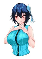  bare_arms bare_shoulders blue_bow blue_hair blue_shirt blush bow breasts buttons closed_mouth collared_shirt commentary confused female hairbow hands_on_own_chest highres interlocked_fingers large_breasts looking_to_the_side mole mole_under_eye murio nisekoi own_hands_together red_eyes ribbed_shirt shirt short_hair simple_background sleeveless sleeveless_shirt solo tsugumi_seishirou upper_body white_background 