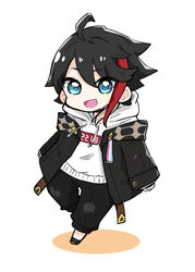  1boy :d ahoge black_choker black_footwear black_hair black_jacket black_pants blue_eyes chibi choker colored_shadow commentary drawstring full_body hair_between_eyes hood hood_down hoodie jacket long_sleeves looking_at_viewer male_focus multicolored_hair nijisanji nozo_(hitomiz) off_shoulder open_clothes open_jacket pants red_hair saegusa_akina saegusa_akina_(1st_costume) shadow shoes sleeves_past_wrists smile solo standing standing_on_one_leg streaked_hair symbol-only_commentary virtual_youtuber white_background white_hoodie 