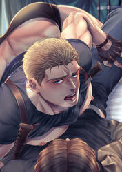  2boys ass bara black_gloves black_male_underwear black_pants black_shirt blonde_hair blue_eyes boxer_briefs brown_hair clothes_lift drooling fingerless_gloves gloves highres large_pectorals looking_at_another lying_on_person male_focus male_underwear multiple_boys muscular muscular_male nipples no_pants on_person open_mouth original pants pectorals saliva shirt shirt_lift short_hair tongue tongue_out underpec underwear yaoi yomotsuki_road 