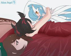  2girls 500_dollar_four_foot_tall_mareep_(meme) adam_angel alternate_color artist_name bare_arms bare_shoulders bed_sheet black_hair brown_hair commentary dakimakura_(object) english_commentary gardevoir gloria_(pokemon) hair_ribbon hat highres lying marnie_(pokemon) medium_hair meme multiple_girls on_back on_side pillow pokemon pokemon_(creature) pokemon_swsh red_ribbon ribbon shiny_pokemon tam_o&#039;_shanter twintails white_background yuri 