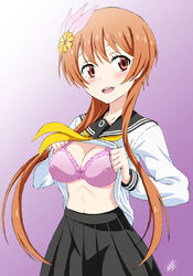  black_skirt bra breasts brown_eyes brown_hair female flower hair_flower hair_ornament highres medium_breasts navel nisekoi pink_bra school_uniform shirt skirt smile solo tachibana_marika twintails underwear vzmk2 white_shirt yellow_flower 