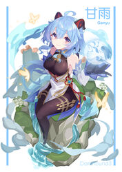  absurdres ahoge artist_name bare_shoulders bell black_gloves black_legwear blue_hair blush breasts character_name chinese_knot curled_horns dark_hound_3 detached_sleeves female flower_knot ganyu_(genshin_impact) genshin_impact gloves gold_trim hand_on_own_chest highres horns long_hair looking_at_viewer medium_breasts neck_bell purple_eyes sidelocks sitting smile solo tassel thighlet vision_(genshin_impact) white_sleeves 