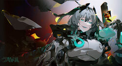  arknights blunt_bangs breasts bug butterfly coat dark_background dress fangs feathered_wings female green_eyes grey_hair grin hair_between_eyes highres ho&#039;olheyak_(arknights) large_breasts long_sleeves looking_ahead open_clothes open_coat rairyu_(samurai996007) short_hair slit_pupils smile wings 