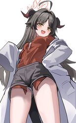  :d absurdres ahoge black_hair black_horns black_shorts blue_archive coat_partially_removed cowboy_shot demon_horns demon_tail female halo highres horns huge_ahoge iv_(iv70311741) kasumi_(blue_archive) lab_coat long_hair off_shoulder open_clothes open_mouth orange_halo oversized_clothes red_halo red_shirt shirt shirttail short_shorts shorts sleeves_past_fingers sleeves_past_wrists smile tail white_background yellow_eyes 