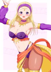  absurdres aikome_(haikome) armlet armpits blonde_hair blush bra breasts choker cleavage commentary dancer dancer&#039;s_costume_(dq) detached_sleeves dragon_quest dragon_quest_xi earrings female forehead_jewel hairband highres jewelry large_breasts long_hair looking_at_viewer navel no_bangs open_mouth orange_sarong pantyhose purple_bra purple_choker purple_eyes purple_hairband purple_sleeves sarong senya_(dq11) smile solo stomach strapless strapless_bra thighlet underwear 