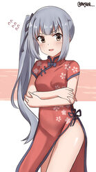  alternate_costume bad_id bad_twitter_id brown_eyes china_dress chinese_clothes commentary_request cowboy_shot crossed_arms dress female flying_sweatdrops grey_hair kantai_collection kasumi_(kancolle) long_hair looking_at_viewer meguru_(megurunn) red_dress side_ponytail solo standing twitter_username white_background 