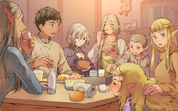  3boys 4girls :q aran_sweater beer_can bento black_hair blonde_hair blue_eyes blue_sweater bookshelf bowl braid brown_sweater cable_knit can choko_(cup) chopsticks cithis clock closed_eyes clothes_writing cup dark_elf drink_can drinking drunk dungeon_meshi eating egg_(food) elf facing_viewer fleki food fried_egg fruit grey_hair hair_over_shoulder half_updo happy head_on_table highres holding holding_bowl holding_chopsticks hood hood_down hoodie indoors jack_(haist) kabru kotatsu long_hair looking_at_another looking_down looking_to_the_side lycion mandarin_orange mithrun multiple_boys multiple_girls nail_polish notched_ear one_eye_closed otta_(dungeon_meshi) outstretched_arm pattadol picture_frame pointy_ears ribbed_sweater short_hair smile sweater swept_bangs table talking themed_object tokkuri tongue tongue_out worried 