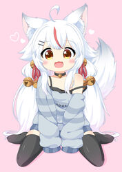  :3 :d animal_ears bell between_legs black_thighhighs camisole commentary_request commission fangs female fox_ears fox_tail full_body hair_bell hair_ornament hand_between_legs heart highres indie_virtual_youtuber jingle_bell kamiko_kana long_hair multicolored_hair off_shoulder open_mouth oversized_clothes pila-pela pink_background red_hair sitting skeb_commission sleeves_past_fingers sleeves_past_wrists smile strap_slip streaked_hair sweater tail thighhighs very_long_hair virtual_youtuber wariza white_hair yellow_eyes zettai_ryouiki 