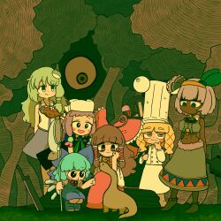  6+girls :t absurdres ahoge asatsuki_(cookie) barefoot black_eyes blonde_hair blue_dress blue_hair blue_skirt blush bob_cut bow bowtie brown_bow brown_bowtie brown_eyes brown_hair butterfly_net buttons chef chef_hat cirno closed_mouth collared_shirt commentary_request cookie_(touhou) dark-skinned_female dark_skin dinosaur double-breasted dress eating expressionless frilled_bow frilled_hair_tubes frills full_body green_eyes green_skirt grey_eyes grey_hair hair_ornament hair_tubes hairbow hakurei_reimu hand_net hat highres holding holding_ladle horizontal_pupils ice ice_wings izayoi_sakuya kochiya_sanae ladle leaf_hair_ornament long_hair medium_hair micha_(cookie) midriff moriya_suwako muimui_(4242564muimui) multiple_girls navel oko_(cookie) open_mouth pinafore_dress planted planted_sword red_bow red_skirt shirt short_hair sidelocks skirt sleeveless sleeveless_dress sleeveless_shirt smile snot sword touhou tree tsuchinoko weapon web_(cookie) when_you_see_it white_hat white_shirt white_skirt wings x_x yamato_(cookie) 