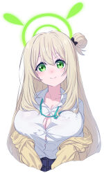  black_bow black_skirt blue_archive bow breasts brown_hair button_gap cleavage closed_mouth collared_shirt commentary_request cropped_torso female green_eyes green_halo hair_between_eyes hair_bun hairbow halo highres jacket large_breasts long_hair long_sleeves looking_at_viewer nonomi_(blue_archive) off_shoulder onsoku_inu open_clothes open_jacket plaid_clothes plaid_skirt school_uniform shirt simple_background single_hair_bun single_side_bun skirt smile solo upper_body white_background white_shirt yellow_jacket 