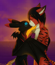 2013 anthro black_body black_fur black_nose canid canine detailed_background duo eliana-asato felid fox fur hi_res hug hybrid kissing male mammal membrane_(anatomy) membranous_wings orange_body orange_fur outside pantherine romantic romantic_ambiance sea seascape sky stripes sun sunset tiger valheru water wings