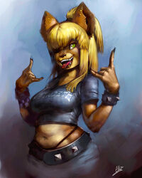 4:5 anthro belt blindrat blonde_hair breasts canid canine canis clothing devil_horns_(gesture) digital_media_(artwork) digital_painting_(artwork) domestic_dog double_devil_horns_(gesture) facial_piercing female front_view gesture green_eyes hair half-length_portrait hand_gesture heavy_metal lip_piercing lucy_lahm mammal megadeth metal midriff navel one_eye_closed piercing portrait shirt signature solo teeth text text_on_clothing text_on_shirt text_on_topwear thrash_metal tongue tongue_out topwear wink wristband