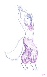 4_toes 5_fingers anthro arms_above_head barefoot belly_dancer biped bottomwear canid canine canis chiroina chyo clothed clothing feet fingers fur hair harem_outfit hi_res jaiden_blackrose looking_at_viewer male mammal pants short_hair simple_background sketch smile solo standing toes topless unfinished white_background wolf