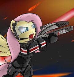 armor bioware blue_eyes crossover cutie_mark electronic_arts equid equine feathered_wings feathers female feral fluttershy_(mlp) friendship_is_magic fur hair hasbro holding_object holding_weapon long_hair mammal mane mass_effect my_little_pony mythological_creature mythological_equine mythology open_mouth pegasus pink_hair ranged_weapon solo space spread_wings standing star teeth theparagon tongue visor weapon wings yellow_body yellow_feathers yellow_fur