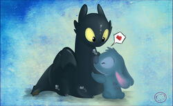 2011 alien ambiguous_gender black_body black_eyes black_scales blue_background blue_body blue_fur blue_nose border chibi closed_eyes crossover cuddling digital_media_(artwork) disney dragon dreamworks duo ears_down european_mythology experiment_(lilo_and_stitch) feral fur fury_(httyd) green_sclera harumi head_tuft heart_symbol how_to_train_your_dragon hug lilo_and_stitch looking_at_another membrane_(anatomy) membranous_wings mythological_creature mythological_scalie mythology night_fury pivoted_ears purple_border scales scalie simple_background sitting small_tail stitch_(lilo_and_stitch) tail toothless tuft western_dragon wings