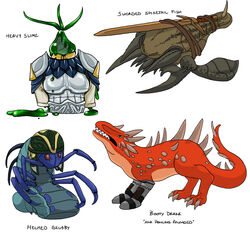 1:1 ambiguous_gender armor arthropod bleuhawke english_text feral fish group guild_wars headgear helmet humor insects lizard marine melee_weapon multiple_images reptile scalie slime sword text weapon