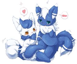 amber_eyes anthro blue_body blue_eyes blue_fur blush bodily_fluids duo female fur generation_6_pokemon heart_symbol male meowstic nintendo open_mouth paws pokemon pokemon_(species) simple_background sweat wahitouppe white_background white_body white_fur