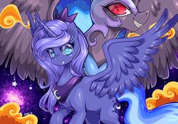 2013 alicorn armor blue_eyes blue_hair cloud cutie_mark duo equid equine fangs feathered_wings feathers female friendship_is_magic hair hasbro headgear helmet horn jewelry jiayi mammal my_little_pony mythological_creature mythological_equine mythology necklace nightmare_moon_(mlp) princess_luna_(mlp) red_eyes sky smile star teeth wings